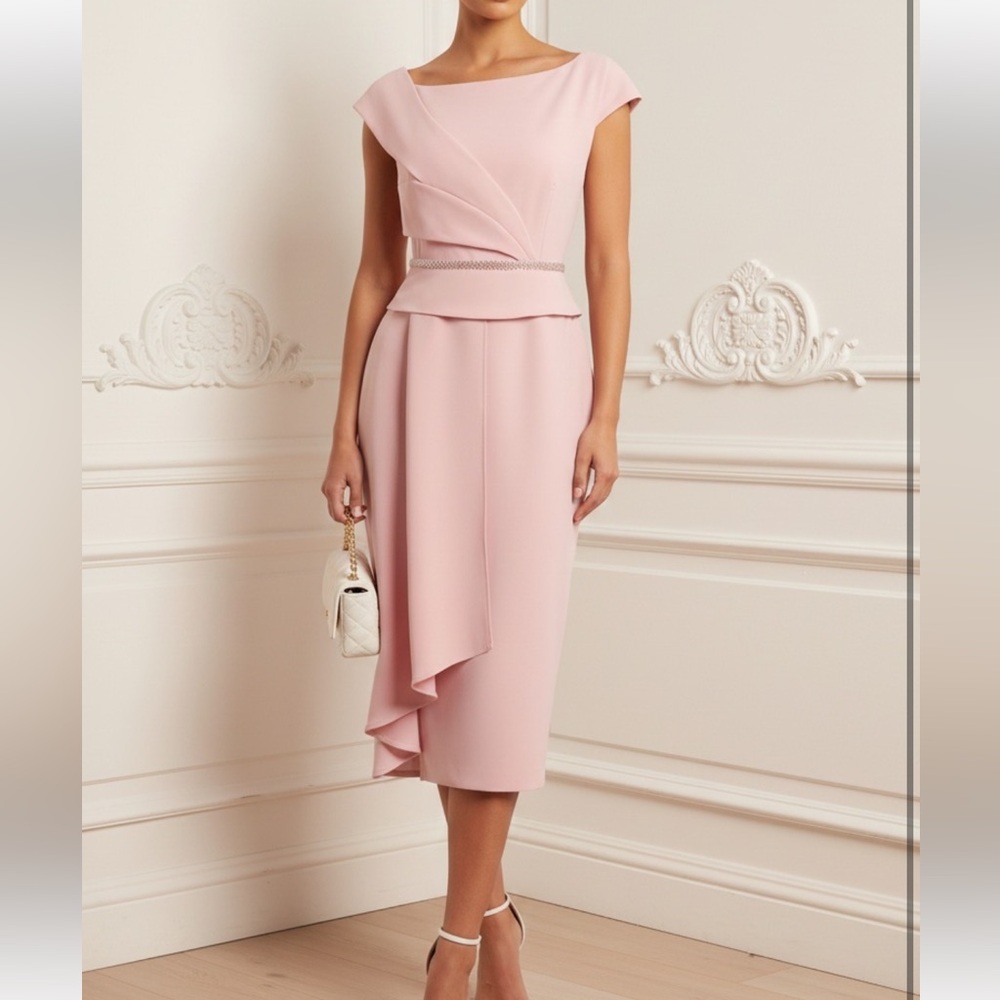 NWT FEHAUTE Pink Asymmetrical Neck Cap Sleeve Rhinestone A-Line Midi Dress  2